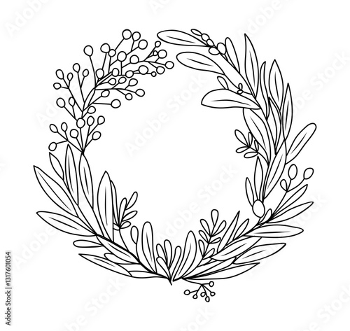 Christmas wreath. Traditional door decoration of the house for the new year. Modern hand drawn vector design for Holidays invitation card, poster, banner, greeting card, postcard, packaging, print.