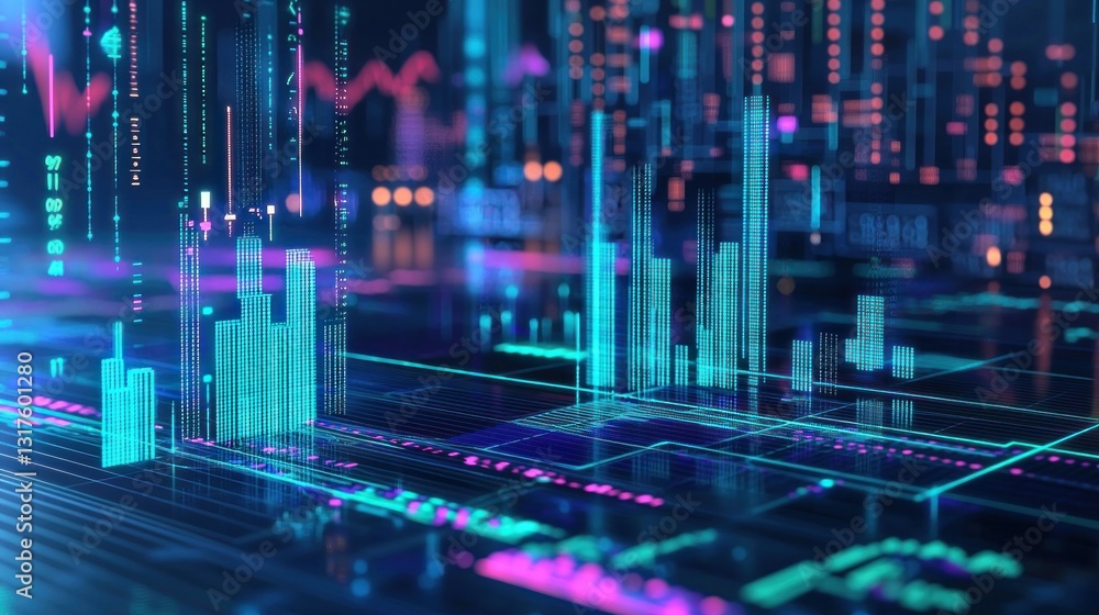 Abstract blue, green, and pink data landscape with graphs and lines Abstract blue, green, and pink data landscape with graphs and lines
