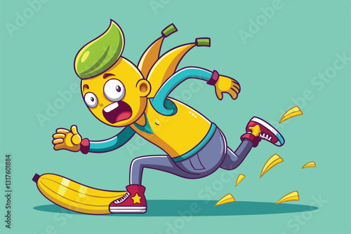 A cartoon character tumbles forward in shock after slipping on a banana peel, with peels scattering around, Slipping with a banana Customizable Cartoon Illustration