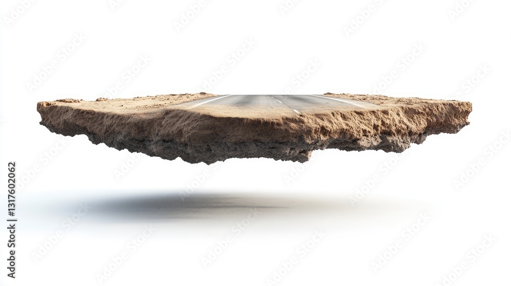 A surreal floating island with a textured surface and a road leading into the horizon, evoking a sense of adventure A surreal floating island with a textured surface and a road leading into the horizon, evoking a sense of adventure