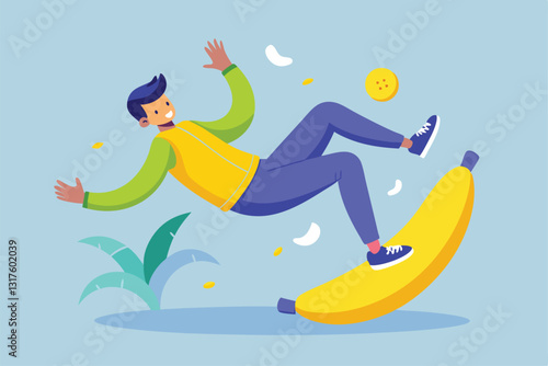 A cartoon character loses balance and slips on a banana peel in a fun, light-hearted setting, Slipping with a banana Customizable Flat Illustration