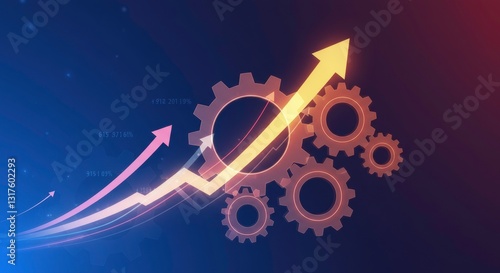 Upward Trending Growth Chart with Interlocking Gears and Arrows