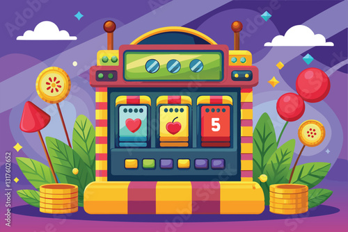 A lively cartoon slot machine sits surrounded by various colorful plants and candies, creating a playful atmosphere, Slot machine Customizable Cartoon Illustration