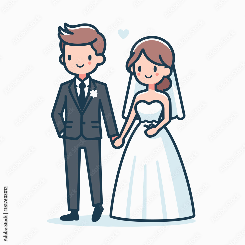 Illustration of a smiling bride and groom holding hands during their wedding Illustration of a smiling bride and groom holding hands during their wedding