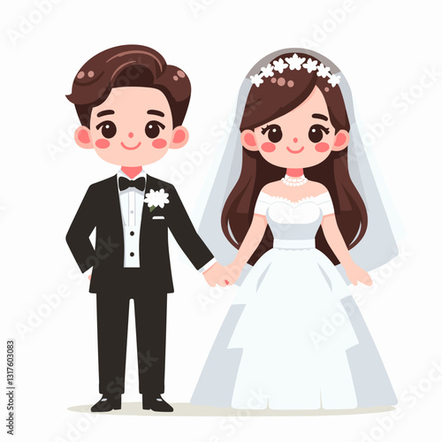 Charming cartoon couple celebrating their wedding day with love and joy