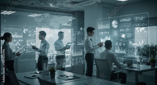 Diverse Team Analyzing Data on Interactive Holographic Displays in Modern Office