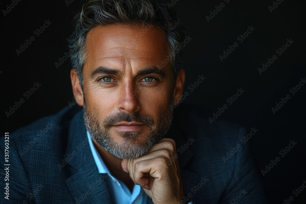 Fototapeta premium Thoughtful mature man portrait dark background