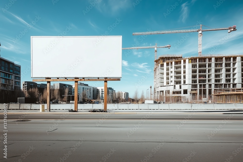 Obraz premium Empty white billboard near construction site with modern buildings and cranes in the background