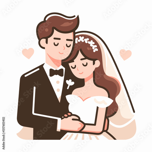 Illustrated wedding couple embracing with love hearts, gentle color palette