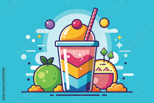 A vibrant slush drink features multiple layers of color topped with ice cream and playful fruit characters nearby, Slush Customizable Disproportionate Illustration