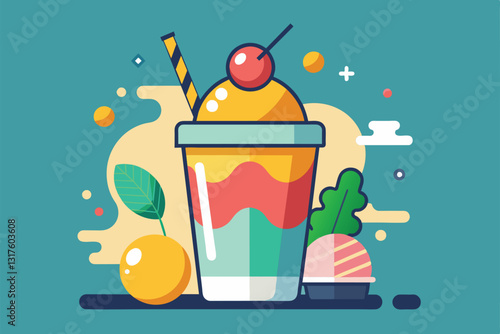 A delightful slush drink with vibrant colors, topped with cherries, leaves, and ice cream on display, Slush Customizable Disproportionate Illustration