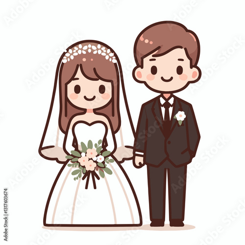 Cute cartoon wedding couple vector illustration with elegant attire