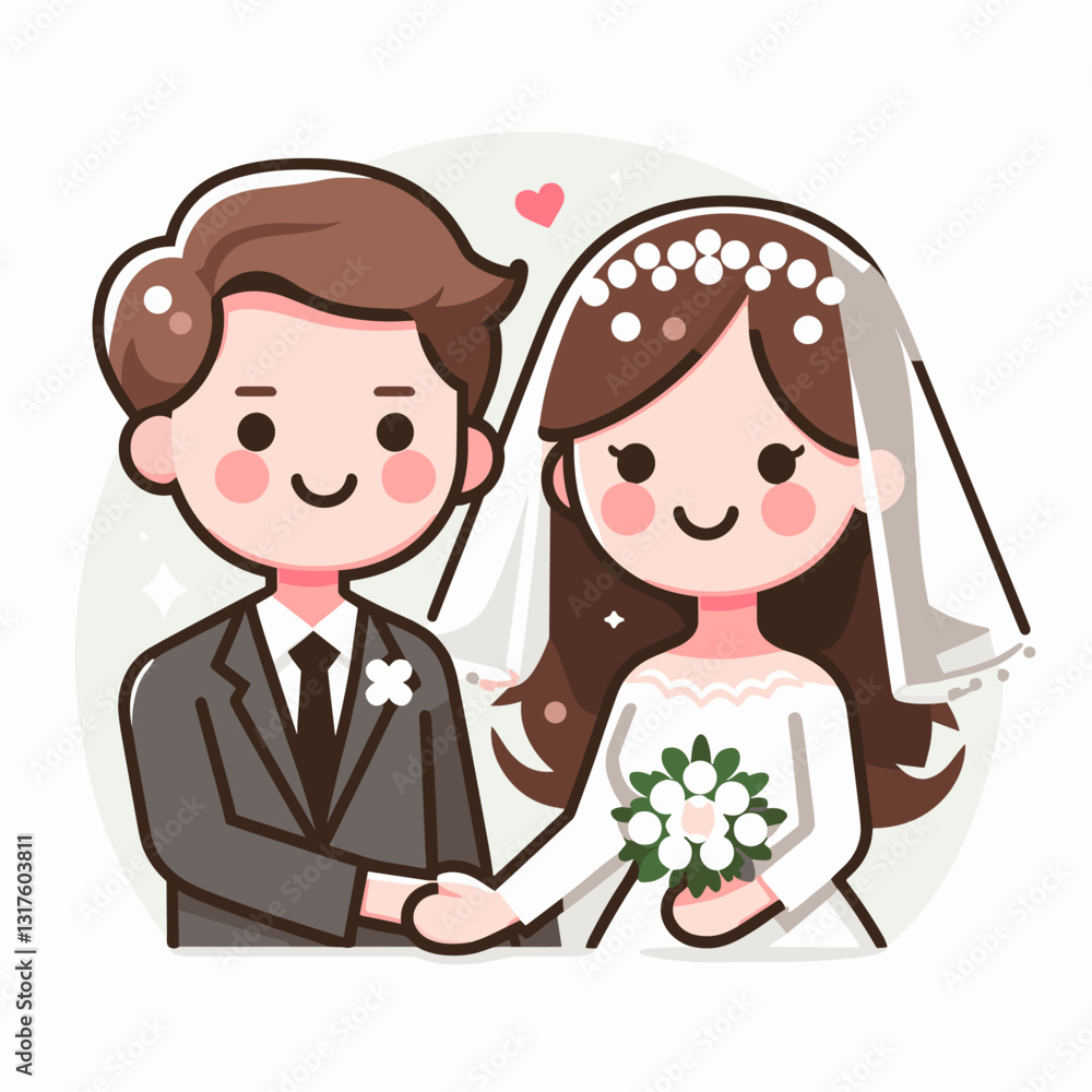 Cartoon Wedding: Illustration of a Groom and Bride in Formal Attire Holding Hands Cartoon Wedding: Illustration of a Groom and Bride in Formal Attire Holding Hands