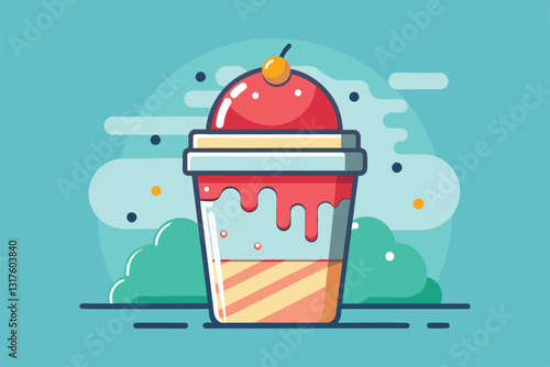 A colorful slush drink with a cherry on top sits against a cheerful backdrop of clouds and trees, Slush Customizable Semi Flat Illustration