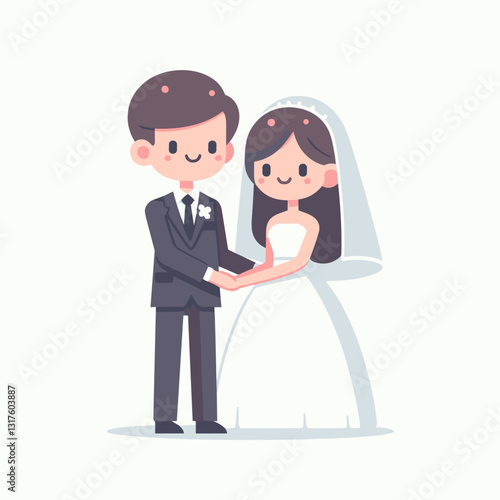Charming Cartoon Wedding Illustration Depicting Newlyweds in Cute Flat Design