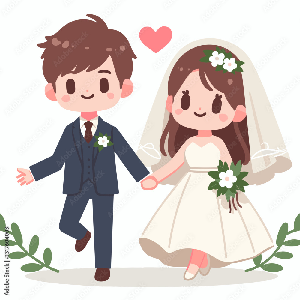 Charming Cartoon Couple Celebrating Their Wedding Day with Tender Affection Charming Cartoon Couple Celebrating Their Wedding Day with Tender Affection