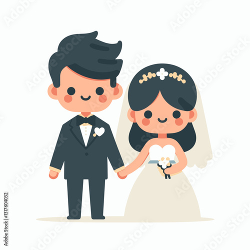 Cute cartoon wedding couple holding hands, celebrating togetherness, vector style