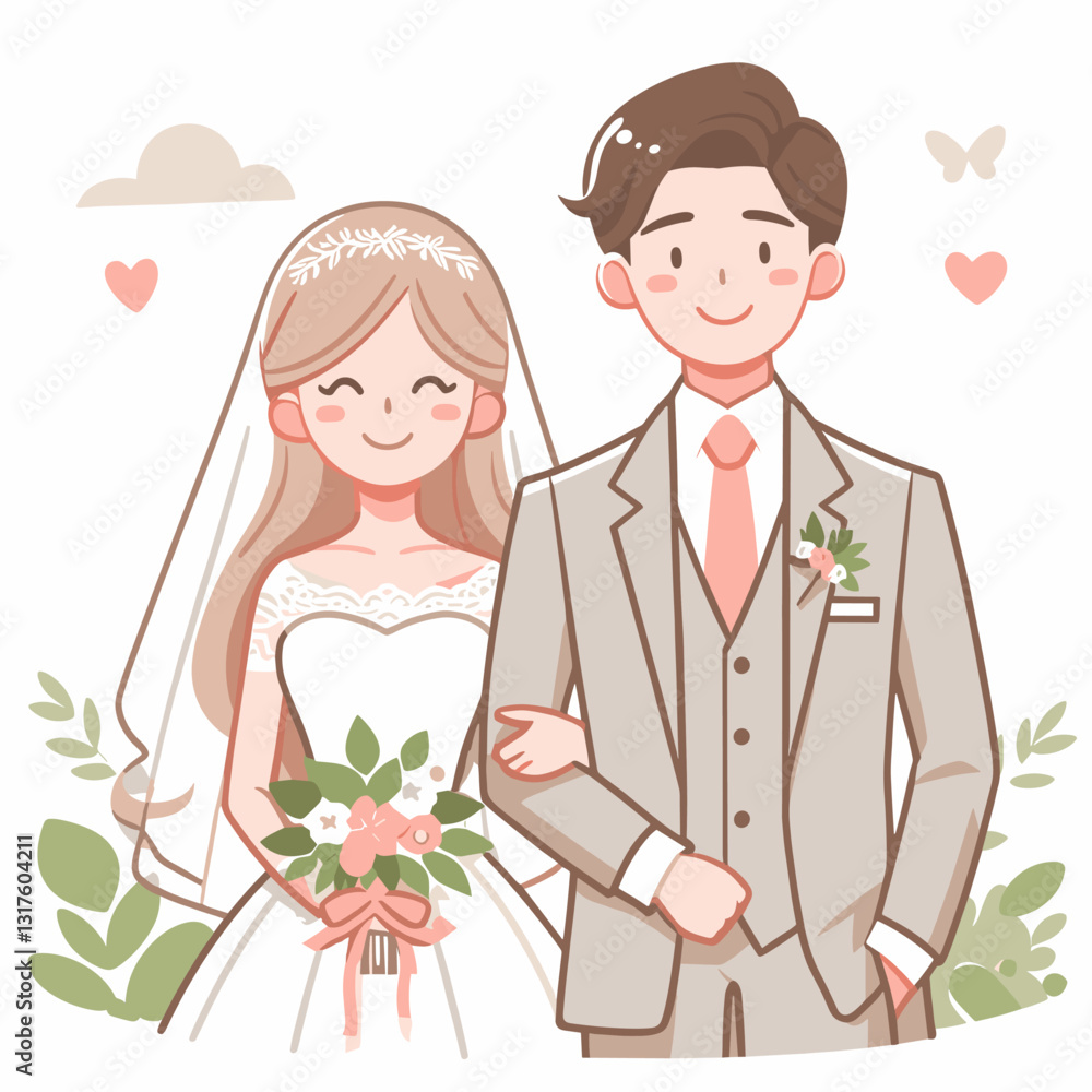 Sweet Cartoon Newlyweds: Bride and Groom Ready to Start a Joyful Journey Sweet Cartoon Newlyweds: Bride and Groom Ready to Start a Joyful Journey