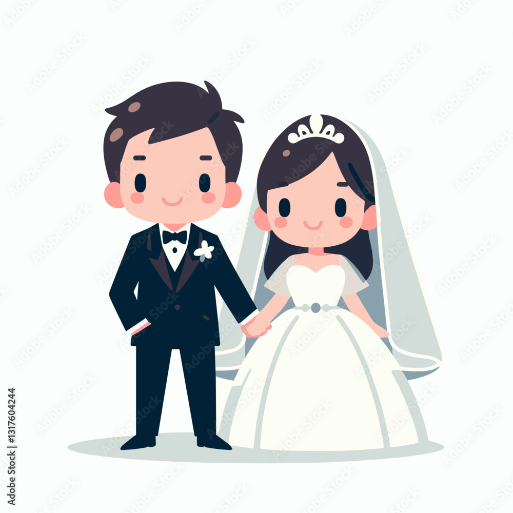 Stylized wedding illustration, cartoon couple, happy nuptials, cute and simple design Stylized wedding illustration, cartoon couple, happy nuptials, cute and simple design