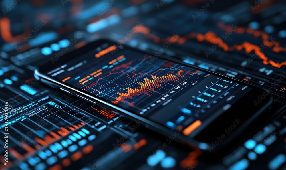 Mobile phone displays financial market data graphs. Mobile phone displays financial market data graphs.