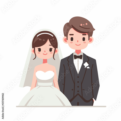 Charming cartoon illustration of a newly married couple standing together