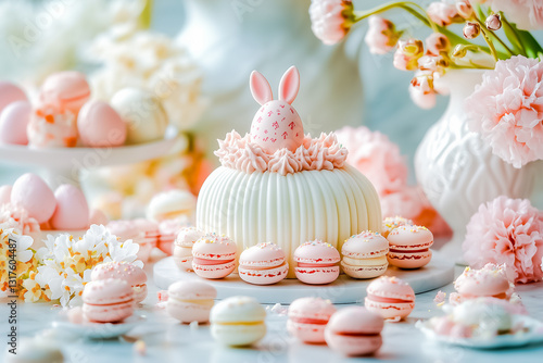 Easter sweets, pastel colors. Sugar bunny ears in holiday baking.