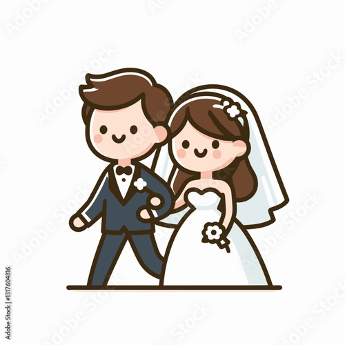 Charming cartoon illustration of a newly married couple full of romance