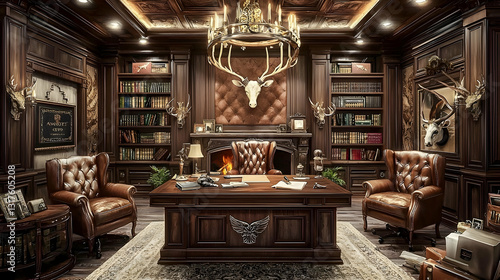 Luxurious study, wood-paneled walls, leather chairs, fireplace, deer antlers, bookshelves, interior design