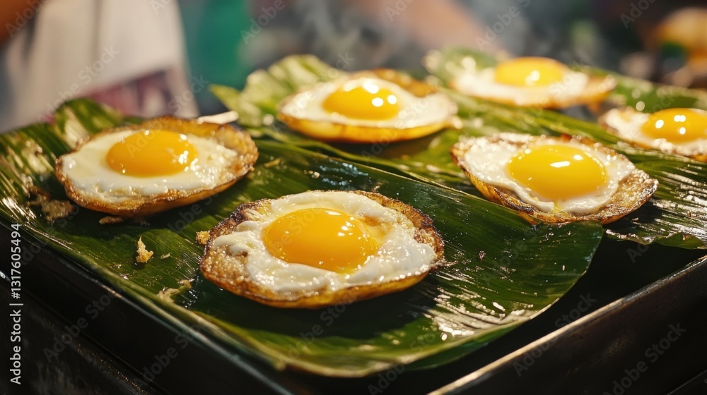 Fried quail egg in banana leaf at shopping street food market Bangkok Thailand Fried quail egg in banana leaf at shopping street food market Bangkok Thailand