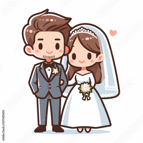 Adorable Cartoon Newlyweds: A Charming Illustration of Wedding Day Bliss