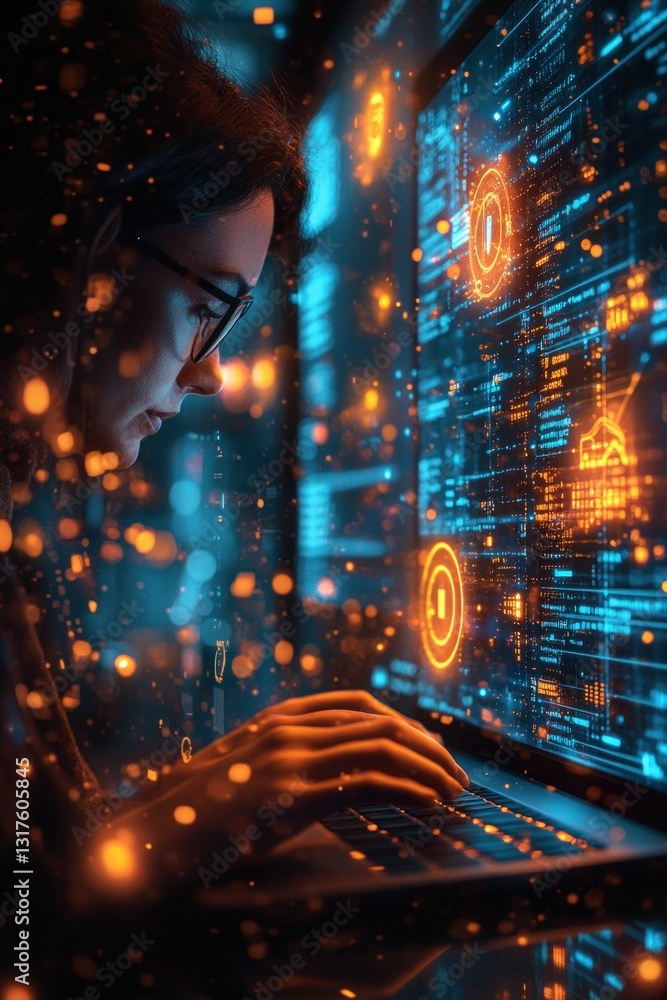 Fototapeta premium Woman coding late night, vibrant screen glow