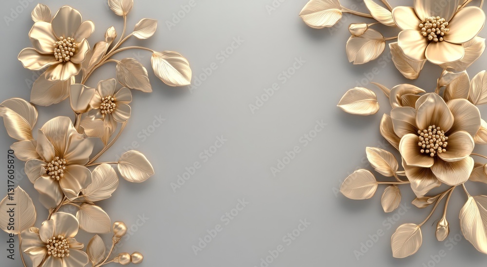 Elegant Golden Flower Arrangement on Soft Gray Background for Graphic Design Elegant Golden Flower Arrangement on Soft Gray Background for Graphic Design