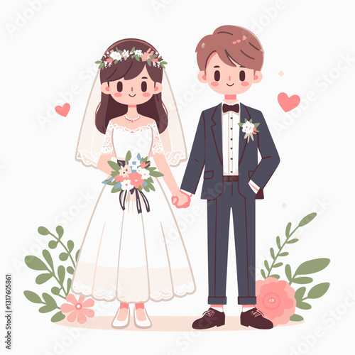Charming cartoon illustration of a wedding couple holding hands with floral elements