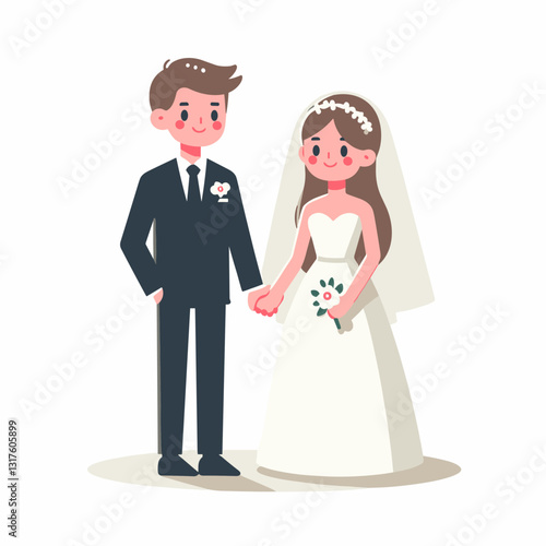 Cartoon wedding couple in love holding hands during the marriage ceremony