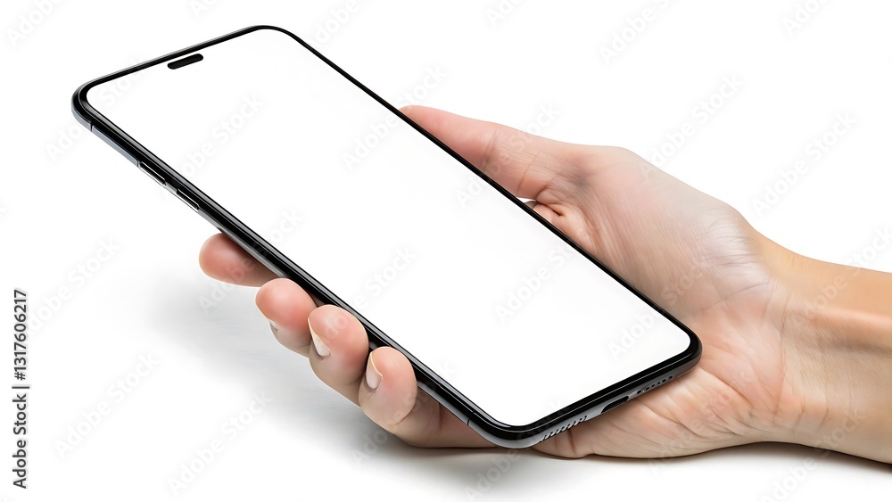 A hand holds a sleek black smartphone with a blank screen ideal for app design mockups and mobile technology presentations A hand holds a sleek black smartphone with a blank screen ideal for app design mockups and mobile technology presentations