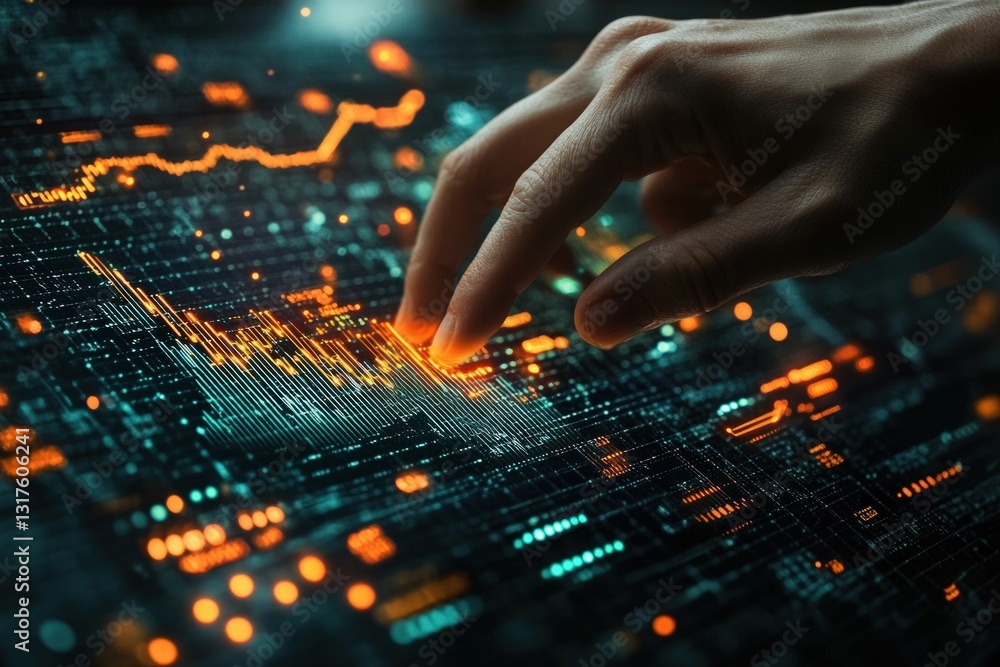 Fingertip interacts glowing data visualization. Fingertip interacts glowing data visualization.