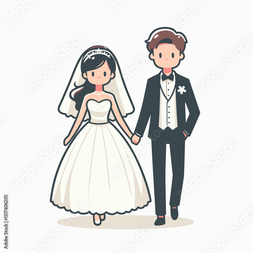 Delightful cartoon illustration of a newlywed couple holding hands