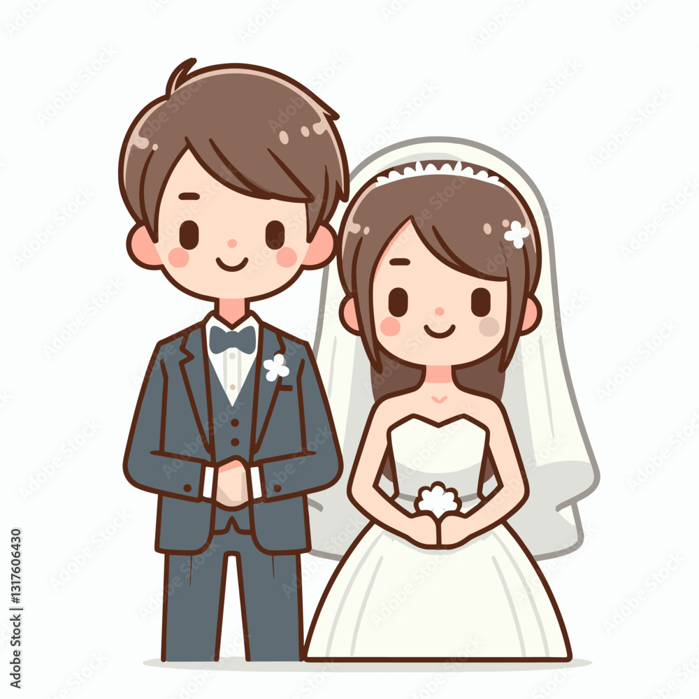 Cartoonish newlyweds illustration in wedding attire for design elements Cartoonish newlyweds illustration in wedding attire for design elements