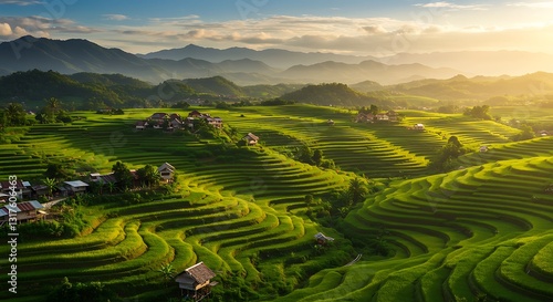 Aerial View of Lush Green Rice Terraces and Distant Mountain Range