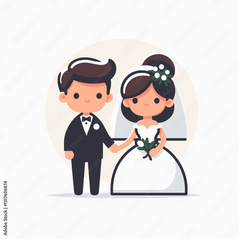 Charming cartoon wedding couple illustration full of love and happiness Charming cartoon wedding couple illustration full of love and happiness