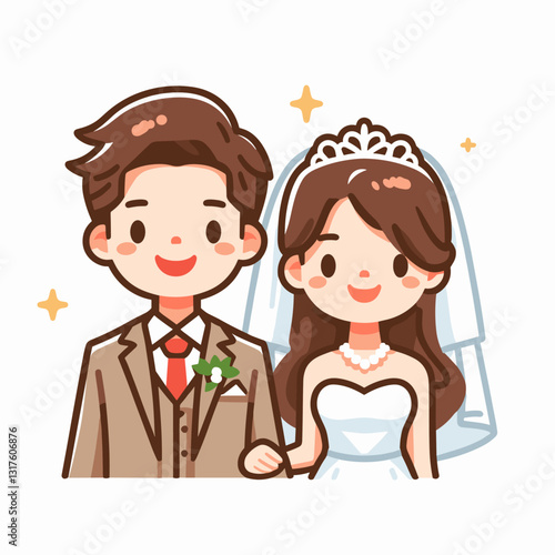 Charming cartoon depiction of a bride and groom on their wedding day