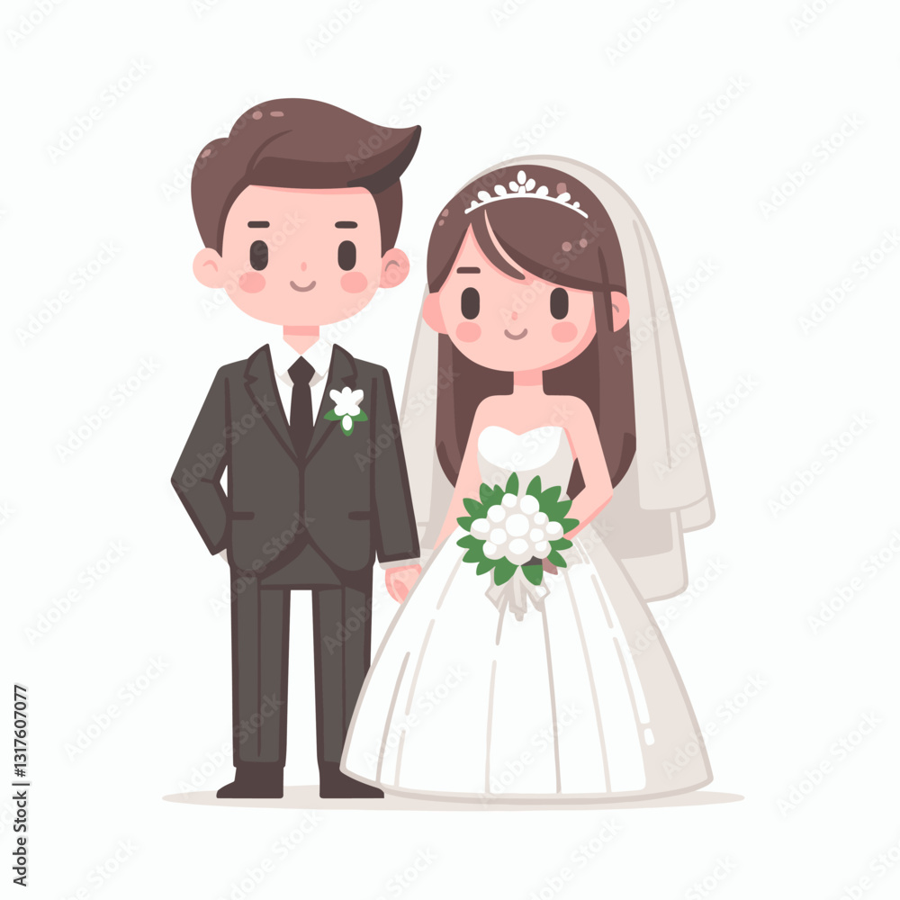 Charming cartoon illustration of a newlywed couple standing together