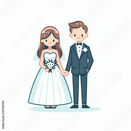 Cute cartoon wedding couple holding hands illustration design element