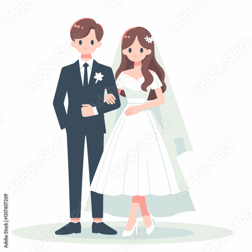 Charming cartoon illustration of a newly married couple on white background