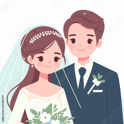 Cartoon Wedding Illustration of a Joyful Couple Celebrating Together