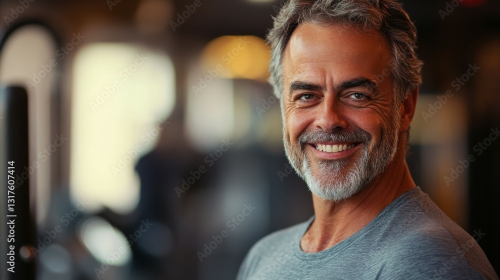 Gym, a smiling portrait of a man in his forties exercising at a health club. Gym, a smiling portrait of a man in his forties exercising at a health club.