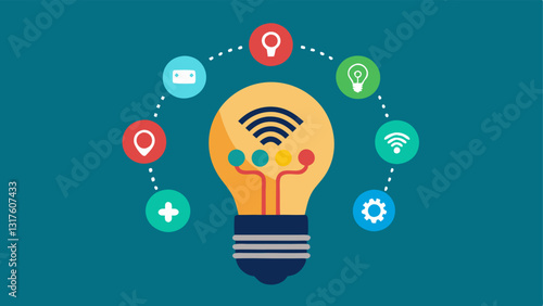 Innovation Lightbulb A lightbulb filled with network connectivity icons and signals that radiate out indicating innovative ideas brought forth by 5G technology.