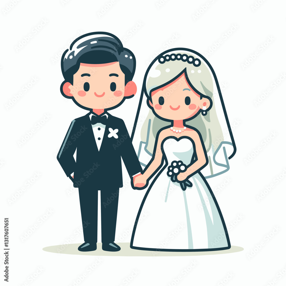 Stylized wedding couple holding hands in formal attire with cartoon aesthetic Stylized wedding couple holding hands in formal attire with cartoon aesthetic