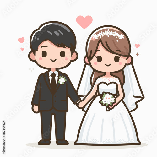 Cute cartoon illustration of a newly married couple in wedding attire