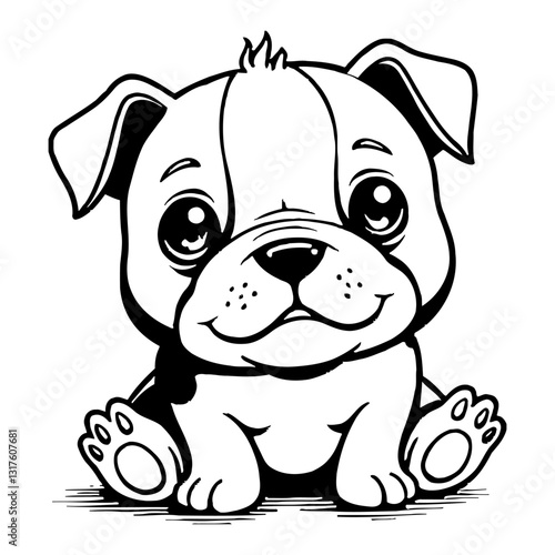 Cute Kawaii Bulldog Puppy Sitting Down Black and White Outline Line Art Drawing Illustration